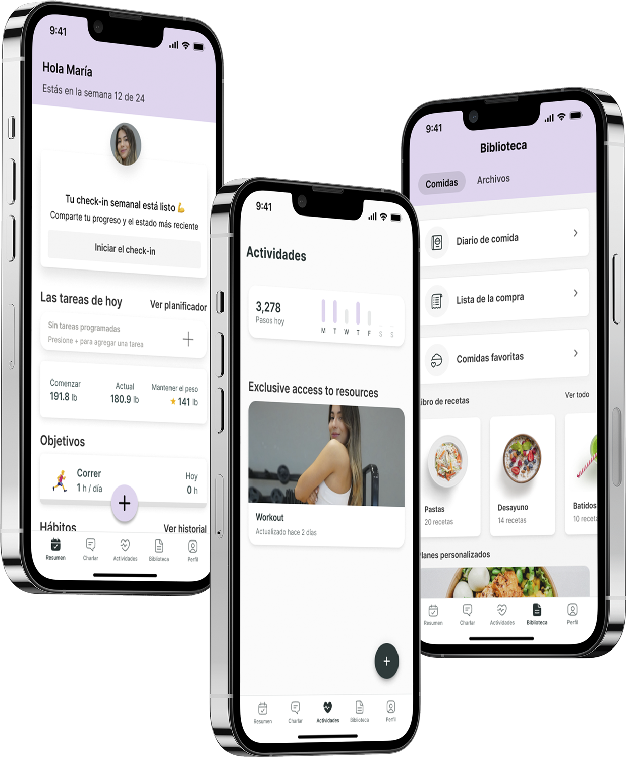 Un mockup de la app de coaching mostrando las funciones.